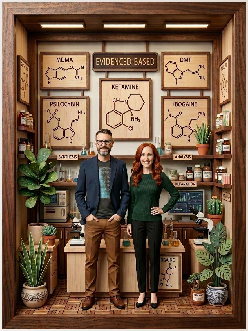 Topher Bradshaw and Eliza Sabo in a study-like laboratory setting devoted to evidence-based ketamine research.