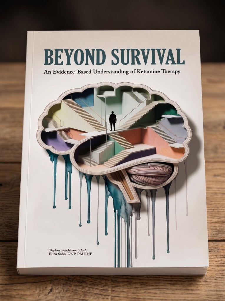 Beyond Survival standing on a wooden table, with a cutaway illustration of a brain filled with staircases.