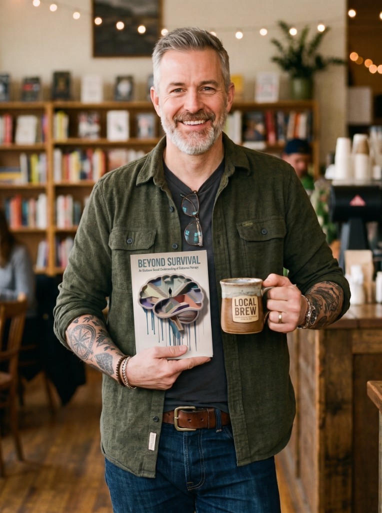 Topher Bradshaw, PA-C, holding Beyond Survival, an evidence-based guide to ketamine infusion therapy.